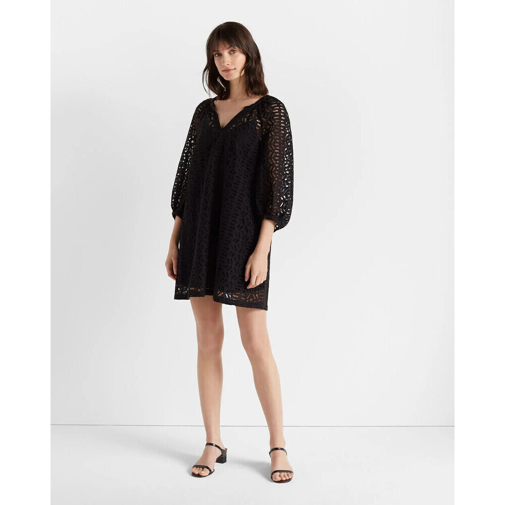 CLUB MONACO women's V Neck Eyelet Short Peasant Dres size Small Black NWT $358